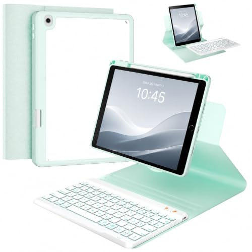 OYEEICE Funda para teclado para tablet compatible con iPad de 9/8/7 Gen 10.2 | Rotación de 360° y desmontable, dispone de un compartimento para bolígrafos, retroiluminación magnética de 7 colores
