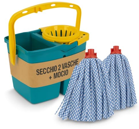 Tomaino - Cubo para fregar suelos con doble cubeta de plástico – Fregona de 7 litros con escurridor – 2 depósitos para agua limpia y sucia (cubo + 2 recambios de micorfibra)