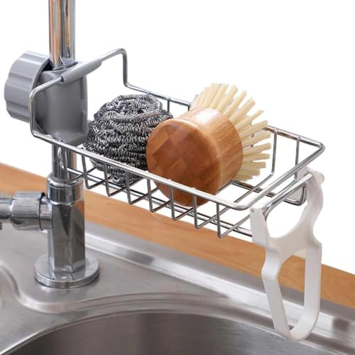 Mensola rimovibile in acciaio per rubinetto, porta spugna per lavello da cucina, organizer per scarico da appendere, portasapone compatto per il bancone del bagno, spazio per la pulizia della
