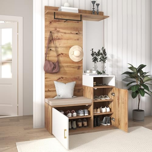 Ktipm Juego de Perchero Pared Mueble Recibidor Entrada con Espejo y 4 Ganchos, Conjunto de Perchero Entrada Recibidor con 2 Puertas y Banco, Percheros con Estante, 105x40x191.5 cm, Blanco+Color Madera