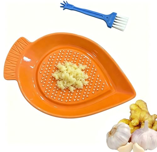Knoblauchreibe, Keramikreibe, Ingwerreibe mit Reinigungsbürste, Keramik Reibeteller für Ingwer, Knoblauch, Gewürze, Karotten, Spülmaschinenfest (Orange)