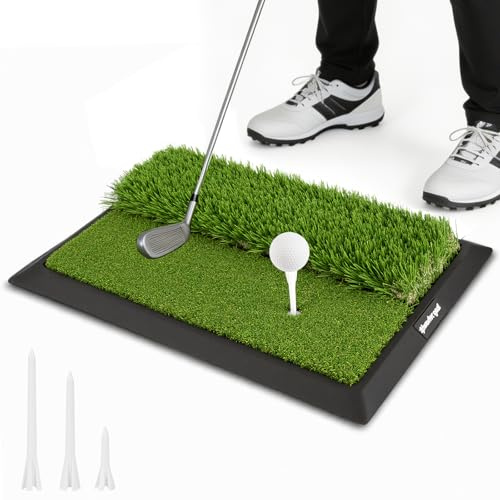 Golf Practice Mat, Dual Turf Golf Hitting Mat with Ball Tray | Dual Turf, Golf Practice Mat, Golf Hitting Mat, Ball Tray, Non Slip Base, Shock Absorbing, Indoor Outdoor, Foldable
