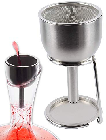 Embudo con Filtro Acero Inox 3en1 (incl. Soporte) - Decantador de Vino, Aireador de Jarra y Copas, Vertedor Oxigenador Antigoteo - Mejora el Vino y Elimina Residuos - Regalo Original Cocina y Hogar
