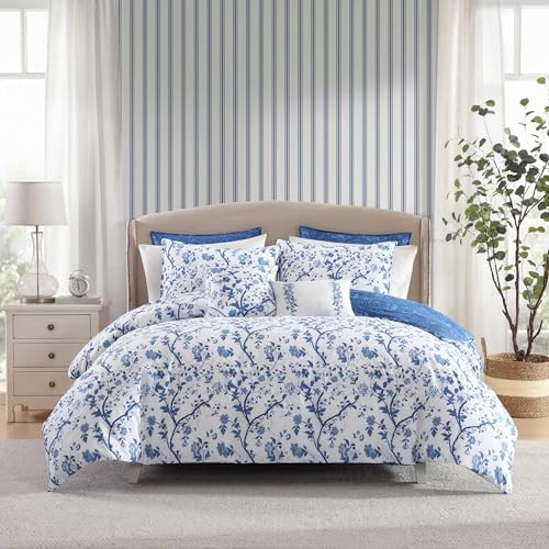 Laura Ashley – Queen Comforter Set, Reversible Floral Bedding with Matching Shams & Bonus Decorative Pillows, Medium Weight, 7-Piece, College Dorm Room Essentials (Elise Blue)