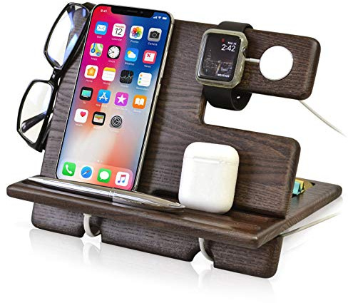 Holz Telefon Dockingstation Asche Baum Geldbörsenständer Schlüsselhalter & Uhren Organisator Herren Weihnachten Geschenk Ehemann Geburtstag Gadgets Kompatibel mit iPhone iWatch AirPods