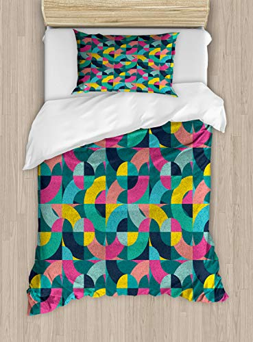 Ambesonne Geometric Duvet Cover Set, Patchwork Inspired Half Arc Shaped Colorful Curved Stripes in Grunge Style, Decorative 2 Piece Bedding Set with 1 Pillow Sham, Twin Size, Multicolor