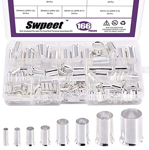 Swpeet Lot de 166 embouts de câble en cuivre - 8 tailles - 12 10 8 6 4 2 1/0 2/0 - Embouts de câble en cuivre étamé - Connecteur de sertissage - Câble électrique