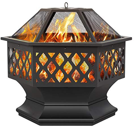 Yaheetech Brasero Exterior Leña Brasero Jardin Hexagonal Estufas para Terrazas Chimenea Portátil Grande 61x61x62cm Negro