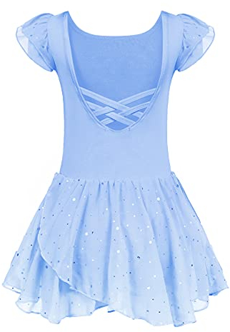Arshiner Ballettkleid Mädchen Ballettkleidung Blau Ballett Kleider Kurzarm Balletttrikot Tanzkleid Tanzbody mit Rock Tütü Tanzkleidung Ballett Outfit 3-4 Jahre