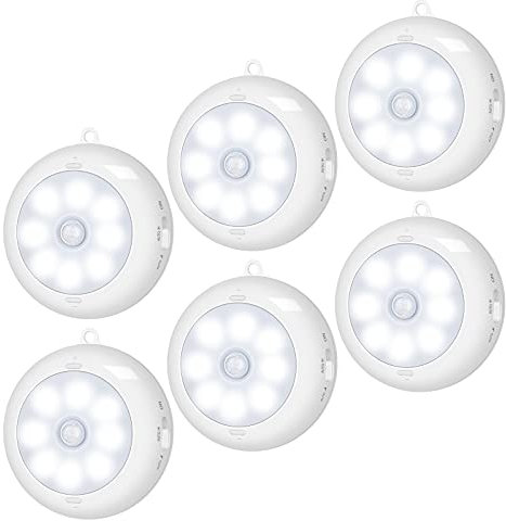 BLS Motion Sensor Light Indoor, Wireless LED Night Light, Under Cabinet Lighting, Battery Powered Puck Lights for Closet, Kitchen, Stairs, Wall, AA Battery Operated, Stick on, Dimmable, White, 6 Pack
