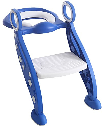 Rainberg Kids Potty Training Toilet Seat Adjustable Height Step Ladder for Toddlers | Bathroom Aid Toddler Toilet Seat and Step with Non-Slip Handles, Portable Design (White Blue)
