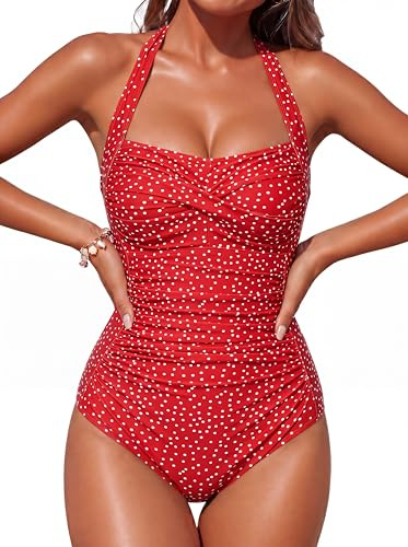 Smismivo Tummy Control Swimwear One Piece Modest Swimming Costume Women Ladies Full Body Vintage Retro Halter Neck Swimsuit Plus Size Push Up Padded Bathing Suit Red Polka Dot