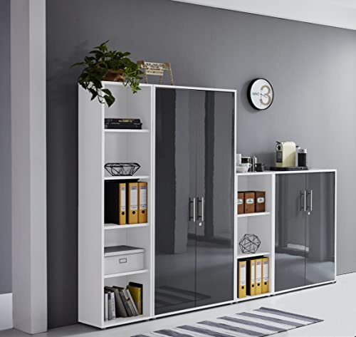 Schrankwand Office Edition abschliessbarer Aktenschrank Büroschrank Büromöbel Regal in Weiß/Anthrazit Hochglanz (Set 4)