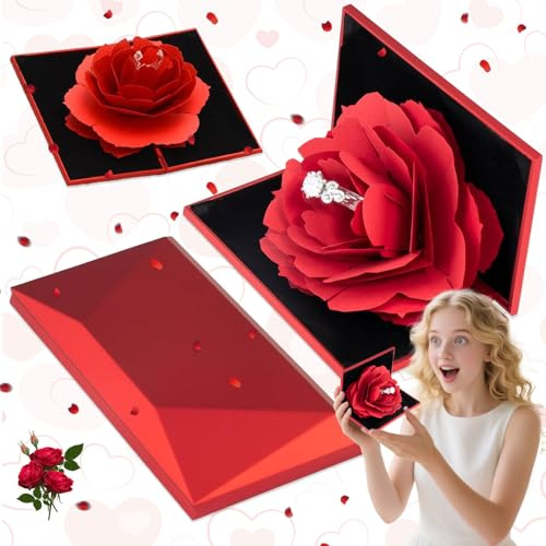 WiDream 3D Pop Up R-ose Ring-Box, Rose Samt Ring Box, R-ose Ringschatulle, 3D Rose Schmuckkästen für Hochzeiten Verlobungszeremonien Hochzeitstag Valentinstag (Rot)