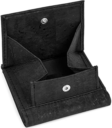 Simaru Cartera de Corcho Vegana y Compacta con Protección RFID, Monedero Resistente para Tarjetas, Billetes y Monedas para Mujer y Hombre, Sostenible (Negro)