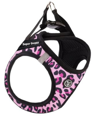 SUPER DOGGY Personalisierbares Hundegeschirr – Für Kleine und Mittelgroße Hunde – Inklusive 2 Namensetiketten – Reflektierendes und Sicheres Hundegeschirr – Anti-Zug und Verstellbar (Pink Leopard, S)