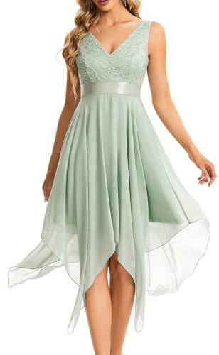 Ever-Pretty Robe de Cocktail Asymétrique au Genou Femme Double Col-V sans Manche en Dentelle Mousseline de Soie Vert Menthe 54
