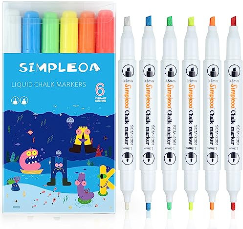 Simpleoa 6 Kreidestifte für Tafel Abwaschbar, 3mm Kreidestifte für Fenster,Glas, Spiegel Flüssigkreidemarker auf jeder nicht porösen Oberfläche Ungiftig Doppelspitze Fenstermalstifte
