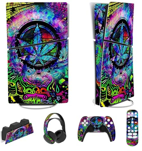 playvital Autocollant pour ps5 Slim Console,Feuille Psychédélique | Sticker Skin pour ps5 Manette & Télécommande & Casque & Station de Charge,Digital Edition