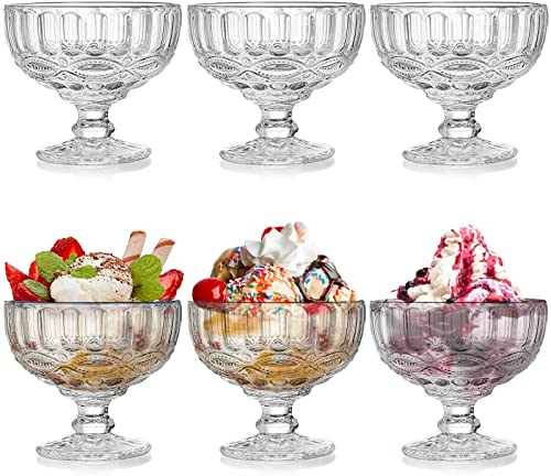 YOUEON 6 Pcs Glass Ice Cream Bowls, 350 ml Large Glass Dessert Bowls, Vintage Footed Sundae Cups Ice Cream Cups for Dessert, Sundae, Trifle, Fruit, Salad, Snack, Cocktail