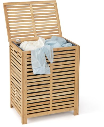 GYMAX Cesta Portabiancheria con Coperchio, 80 L Porta Biancheria in Bambù con Manici e Borsa Rimovibile, per Camera, Bagno, Dormitorio e Lavanderia, 50 x 35 x 62 cm