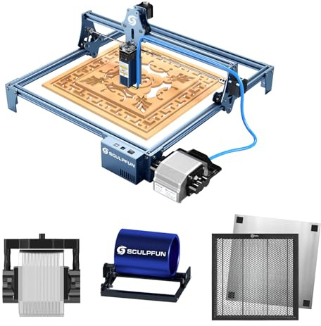 SCULPFUN S9 Laser Graviermaschine mit Luftassist, Wabentisch, Laser Rotary Roller Laserschneider 90W Effekt Lasergraviermaschine für Holz Metall Augenschutz 0.08mm Laser