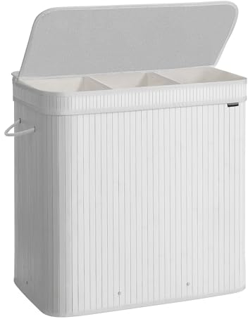 SONGMICS Laundry Hamper with Lid, Bamboo Laundry Basket, Removable Machine Washable Hamper Basket, with Handles, 150 L, for Laundry Room, Bedroom, Washroom, Cloud White LCB062W01