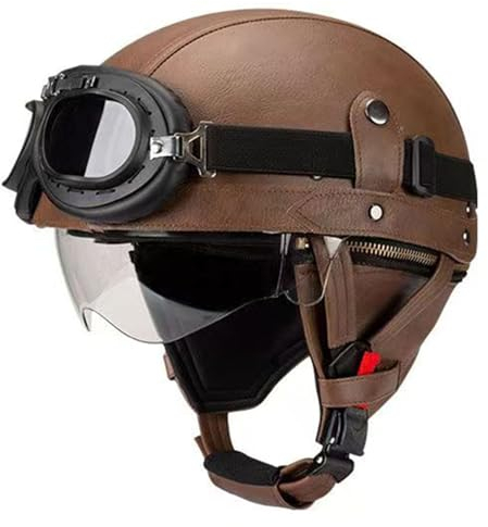 Motorradhelm Halbschalenhelm Halbhelme Retro Style Mit Fliegerbrille Brain-Cap Retro Halbhelm Jet Helm ECE-Zertifizierter Scooter Moped Helm Schutzhelm 12,L(59~60CM)