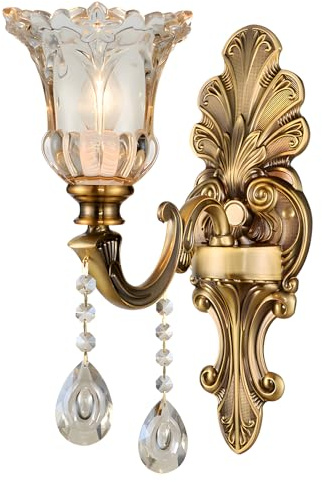 WayLuoung Vintage Floral Wandleuchte, 1 Kopf Kristallglasschirm Wandleuchte Retro-Goldene Bronzefarbe Dekoration Metall-Wandleuchte, Nachttisch Wohnzimmer Restaurant Treppen(E14 Sockel Ohne Glühbirne)