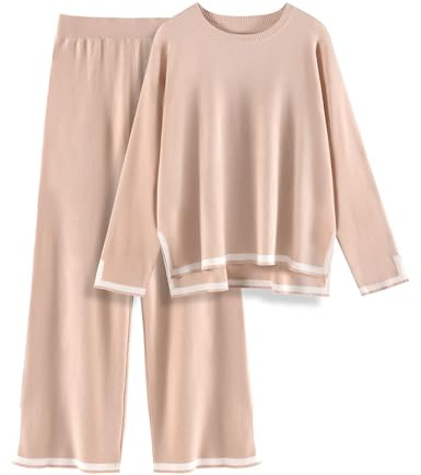 CMTOP Stickade vardagskläder set för kvinnor UK Co ord set 2 delar kläder damer träningsoverall hela set eleganta myskläder pyjamasset långärmad pullover toppar elastisk midja breda ben byxor