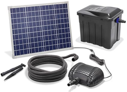 esotec Solar Teichfilterset Premium 50/2500, Teichfilter Komplettset, 2500 l/h, 4 Stufen Filterung, Solarmodule 50Wp, Teichpumpe außen, Gartenteich Reinigungssystem, 101070