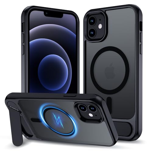 XTCASE für iPhone 12/12 Pro Hülle Magnetisch kompatibel mit Magsafe, Matt Transluzente Handy Hülle mit Aluminium-Ständer Militärschutz Stoßfest Handyhülle Kratzfest Hardcase, Schwarz