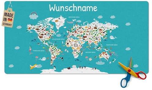 Pr Print Royal Schreibtischunterlage selbst gestalten mit Name - Weltkarte mit Tieren - Waschbar, Personalisierte Geschenke zur Einschulung | 80x40 cm, Rutschfest