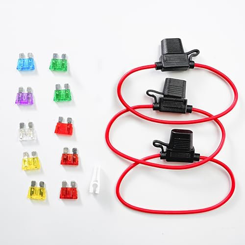 JOREST 3pcs 12AWG Standard Inline Fuse Holder, ATC/ATO Blade Automotive Fuse Holder for Car/Truck/Motorcycle + 10pcs Standard Fuses (10A 15A 20A 25A 30A 35A 40A) + Fuse Puller+ Tapes