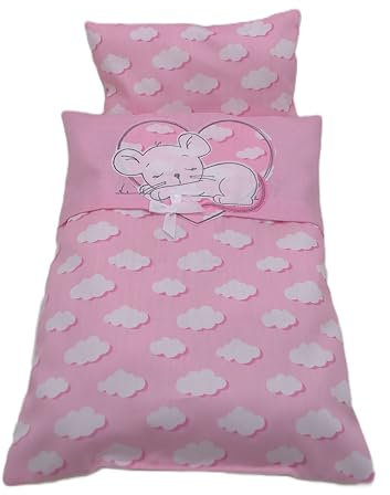Puppen Bettwäsche rosa mit Stickerei, für Puppenwagen, Puppenbett