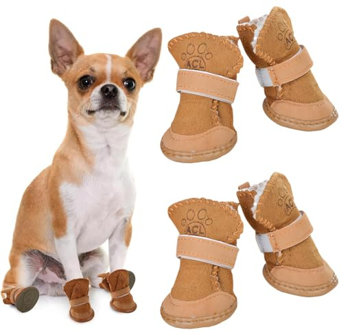 Vulevirtue 4 Stück Schneestiefel Haustiere,Plüsch Hundestiefel,Hunde Schuhe Outdoor,Süße Hundestiefel,Hundeschuhe Pfotenschutz Outdoor,Warme Hundeschuhe Krallenschutz,für Kleine Und Mittlere Hunde