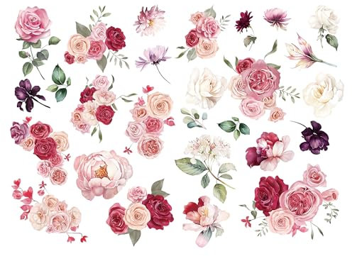 Joeyan Rose Bouquets Rub On Transfers for Furniture and Crafts, 2 Large Watercolor Flowers Design Sheets 43 x 30 CM, DIY Home Decal on Wood Glass Metal Canvas Porcelain Paper Plastic, Pink Dream