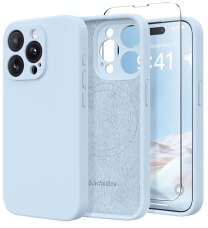SuydanBox Magnetische Hülle für iPhone 12 Pro Max, kompatibel mit MagSafe, [Vollständiger Kameraschutz] [Displayschutzfolie] Stoßfeste Silikon-Schutzhülle für iPhone 12 Pro Max 6,7 Zoll, Hellblau | Fit für MagSafe, Displayschutzfolie, Vollkameraschutz, Silikon, stoßfeste Schutzhülle für iPhone 12 Pro Max