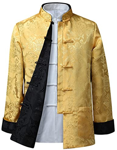 MOKLYF Costume Tang pour Hommes, Veste réversible, vêtements Traditionnels Chinois, Chemise de Kung Fu, Uniforme à Manches Longues(Jaune-Large-X-Large
