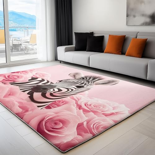 Teppich Wohnzimmer 60 x 110 cm rutschfest Kurzflor Schlafzimmer Teppich Waschbar Tiere Zebra Blumen Bettvorleger Teppiche für Wohnzimmer Schlafzimmer Büro Bereich Dekor, Rosa