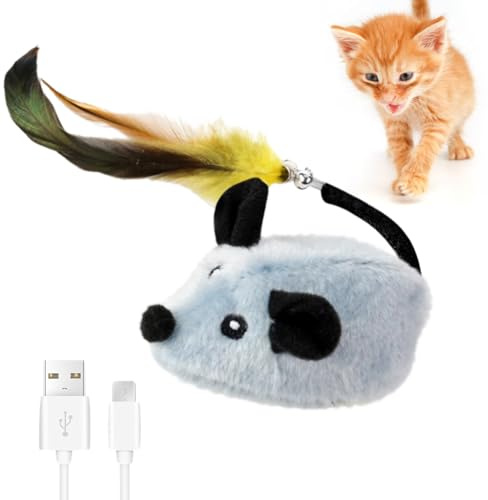 Zinueen Katzenspielzeug Elektrisch Spielmaus mit Federschwanz und Glocke | Magic Maus Katze, Interaktives Katzenspielzeug Mäuse, USB-Aufladung, für Katzenauslauf und Gegen Langeweile
