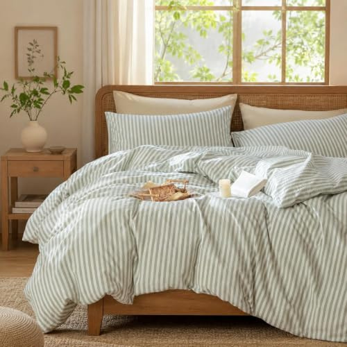 Lanqinglv Bettwäsche 200x220 Baumwolle Gestreift Grün Weiß,Streifen Muster | Oeko-TEX,Leinenoptik,Renforce Baumwolle,Bettbezug mit Reißverschluss und 2 Kissenbezug 80x80,für Allergiker Geeignet