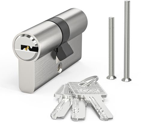 MANICAF Cilindro di chiusura, cilindro profilato 30/30, serratura cilindrica, doppio cilindro con 3 chiavi, cilindro in ottone satinato, finitura zincata, fori trasversali