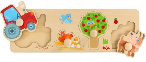 HABA Greifpuzzle Bauernhof – Erstes Holzpuzzle mit großen Knöpfen – Traktor, Apfelbaum & Co. entdecken – Formen zuordnen & Motorik fördern – Für Kinder ab 12 Monaten – 2012172001