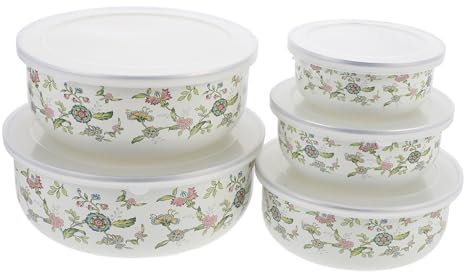 JECOMPRIS 5pezzi Ciotola Smaltata Con Trasparente Riutilizzabile Adatta Per Noodles Zuppe Insalate Frutta Dessert e Cereali Per Conservazione e Trasporto Leggera e Compatta