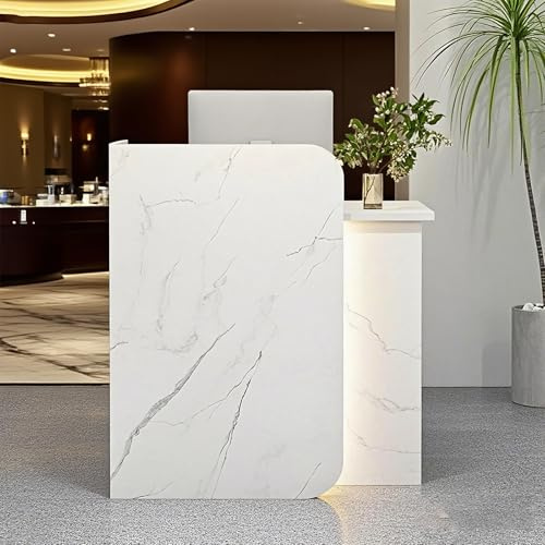 Poxvythb Empfangstresen, Rezeptionstheke, MDF Tisch Kassentisch Thekentisch, Front Theke Bürotheke Rezeption Tisch, Beratungstheke für den Empfangsbereich(Weiß + Marmor)