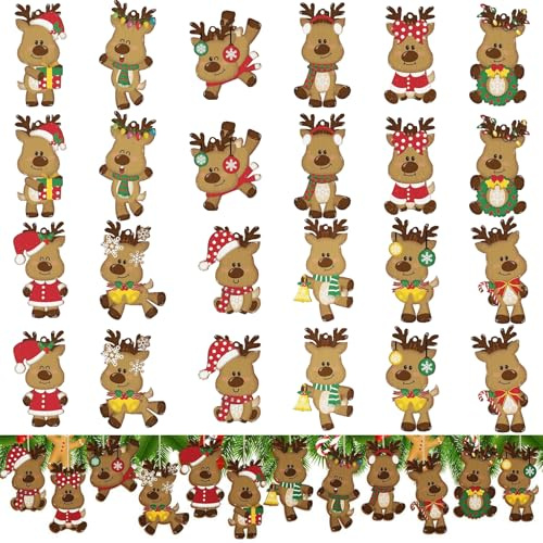 PacuM 24 Stück Holzanhänger Weihnachten Elchform Weihnachtsanhänger | Mit Aufhängeloch Weihnachtsbaum Anhänger Holz Elch Weihnachtsbaumanhänger für Weihnachtsbaum Deko Fenster Kaminsimsdekoration