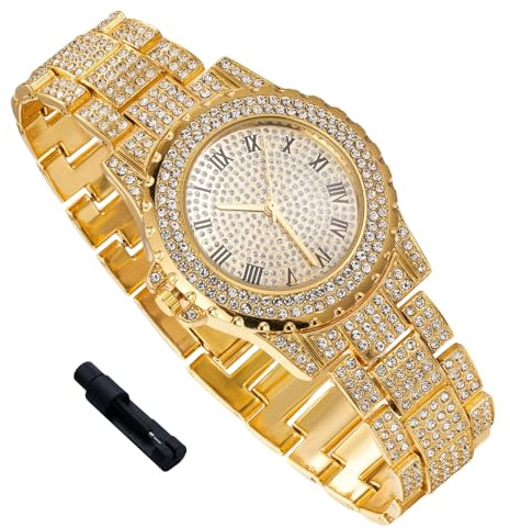 richhut Lyxig diamantklocka för tonårspojkar - isad ut bling guldpläterad 18K/platina - rund urtavla 39 mm rem 19 cm, inklusive justerare, valfritt med kubansk kedja, 18k guldklocka