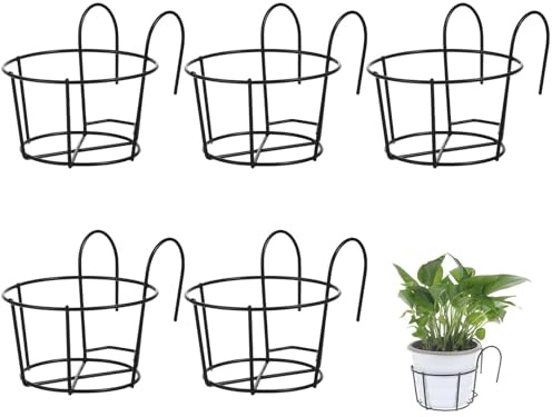 FUTUREORYY Porta Vasi Supporto Tondo Leggero in Ferro Nero da Appendere alla Ringhiera Set da 5 Pezzi Design Creativo per Fioriere da Balcone per Piante Succulente