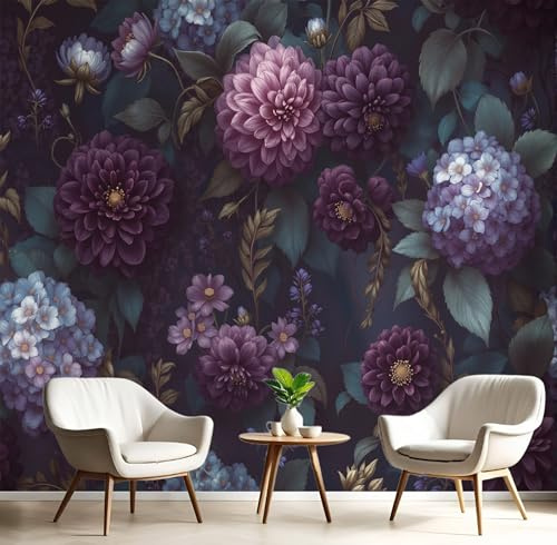 Murales Papel Pintado Salon Estilo Barroco, 150 × 105 cm Fotomurales 3D Elementos De Dalia Oscura Tejido Seda Papel Tapiz Fotográfico Decorativos Dormitorio,Púrpura
